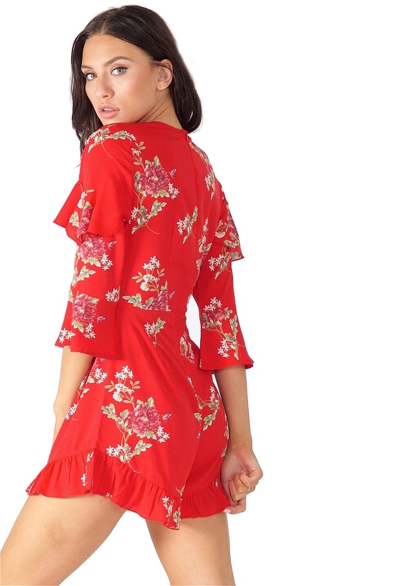 Red Floral Ruffle Shoulder Playsuit