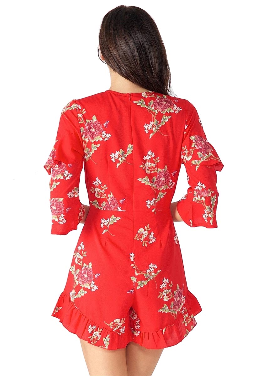 Red Floral Ruffle Shoulder Playsuit