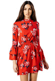 High Neck Floral Dress With Tiered Sleeve