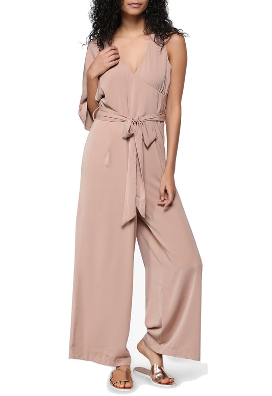 Beige Tie Front Asymmetrical Jumpsuit