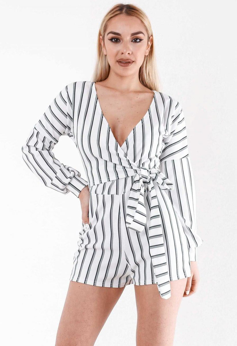 White Stripe Wrap Long Sleeved Playsuit