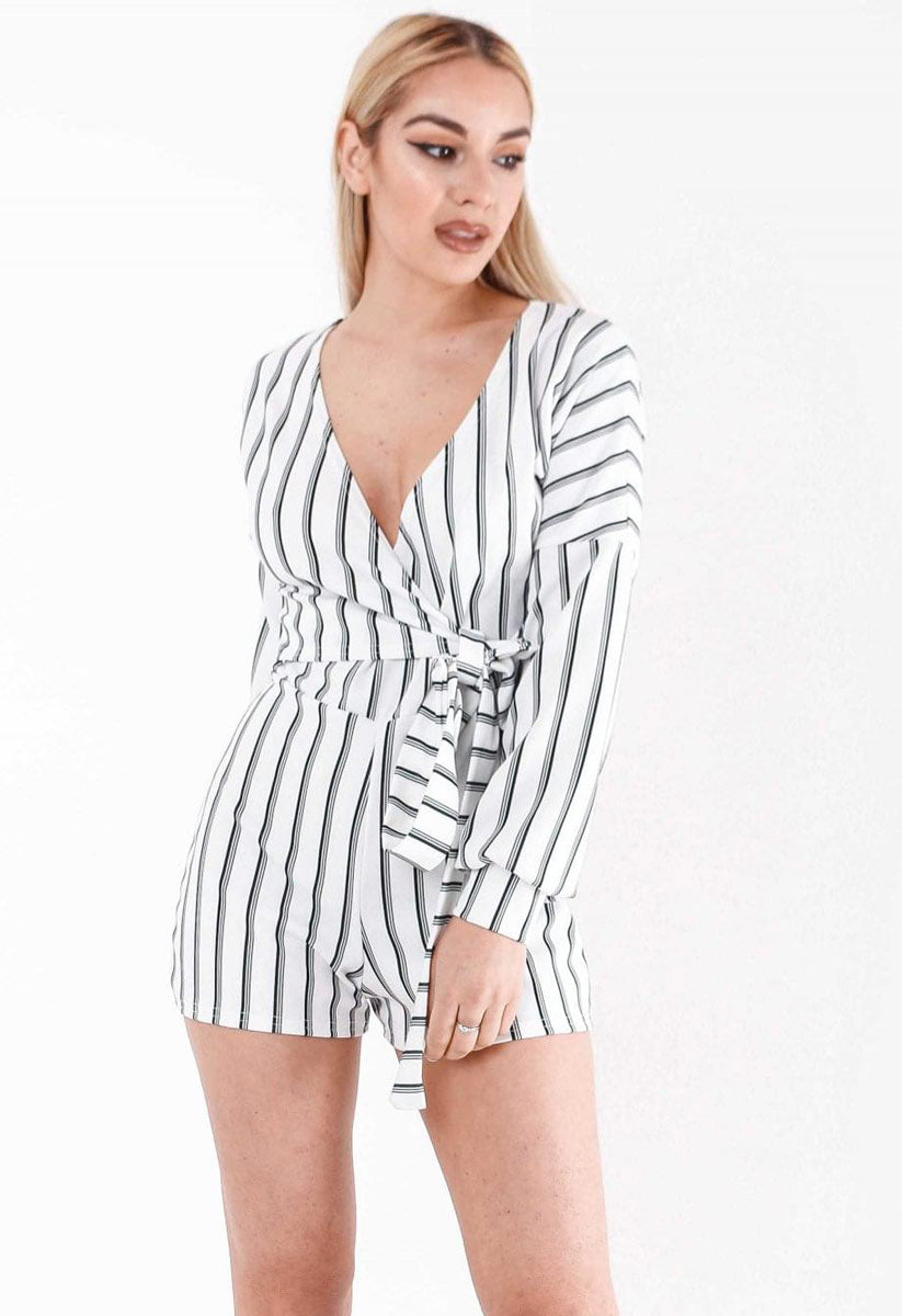 White Stripe Wrap Long Sleeved Playsuit