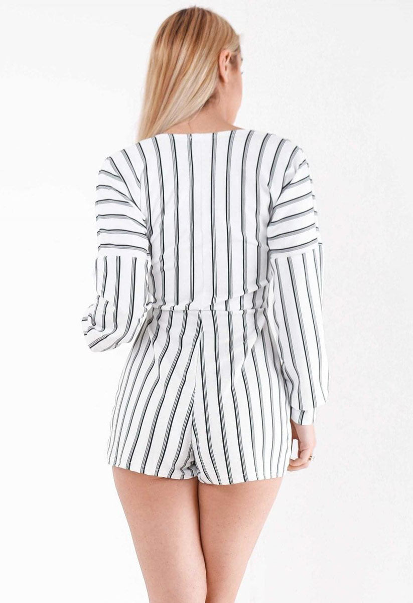 White Stripe Wrap Long Sleeved Playsuit