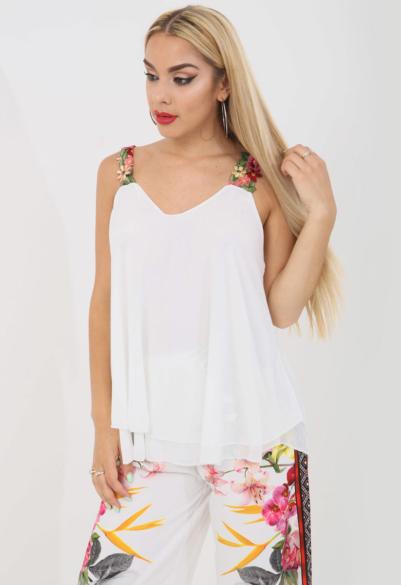 White Daisy Floral Strap Tie Back Top