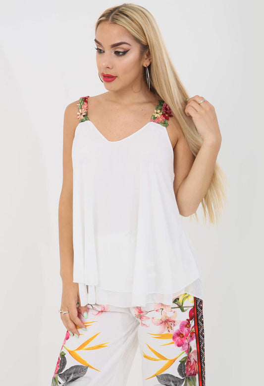 White Daisy Floral Strap Tie Back Top