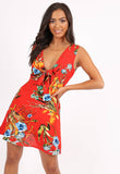 Red Abstract Floral Plunge Neck Mini Dress