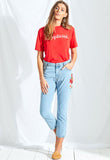 Denim Cropped Length Embroidered Mom Jeans