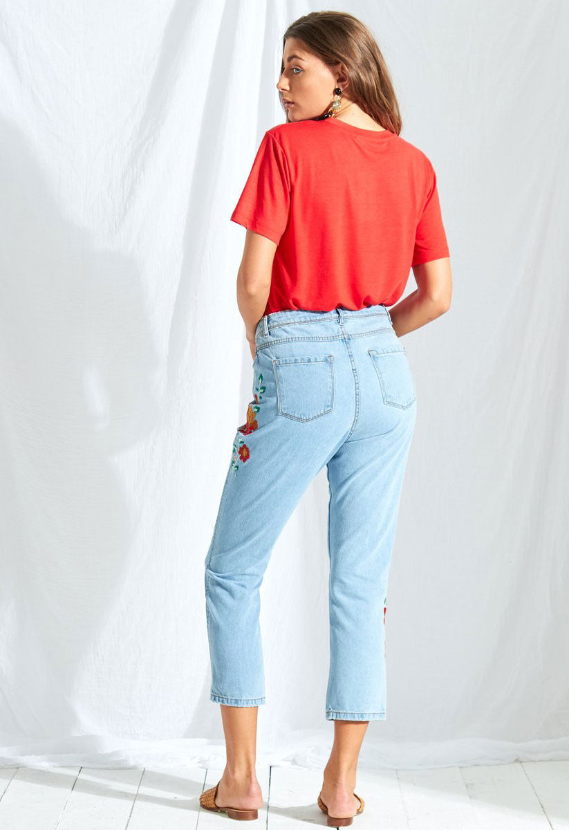 Denim Cropped Length Embroidered Mom Jeans