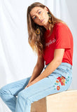 Denim Cropped Length Embroidered Mom Jeans