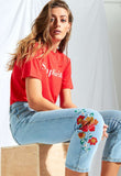 Denim Cropped Length Embroidered Mom Jeans