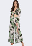 Green Tropical Print Tie Front and Front Split Trousers Set