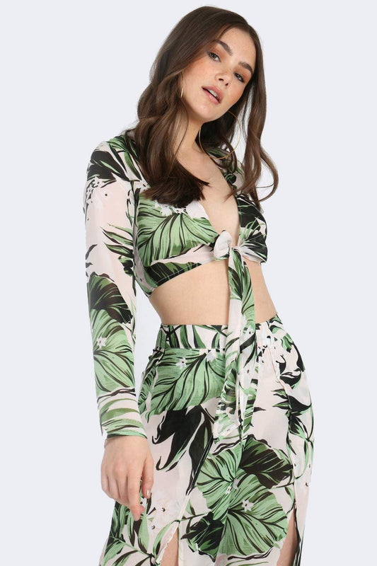 Green Tropical Print Tie Front and Front Split Trousers Set