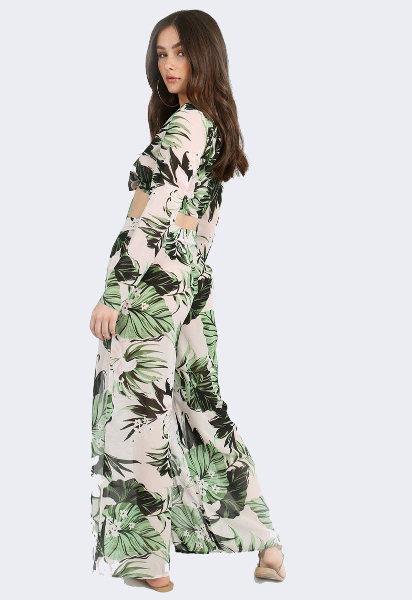 Green Tropical Print Tie Front and Front Split Trousers Set