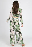 Green Tropical Print Tie Front and Front Split Trousers Set