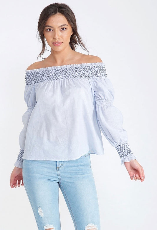 Blue Stripe Contrast Stitch Bardot Blouse Top