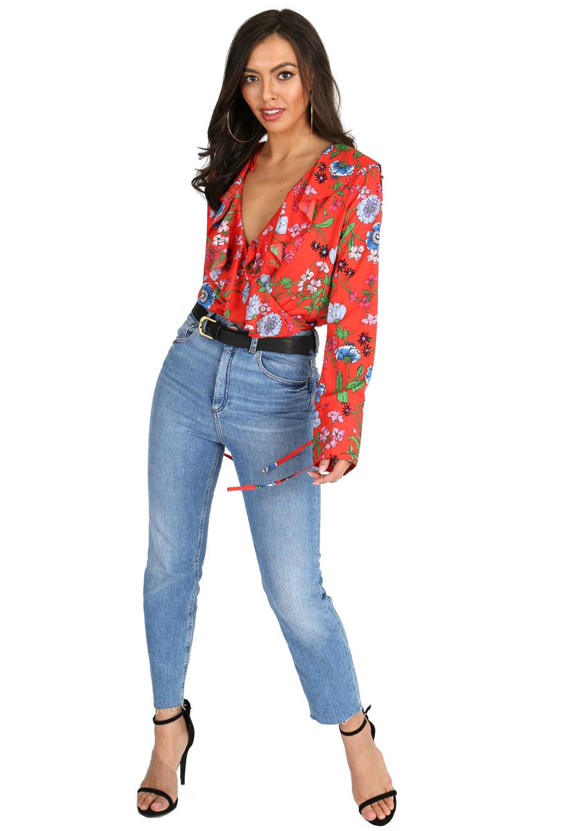 Red Floral Print Ruffle Frill Wrap Bodysuit