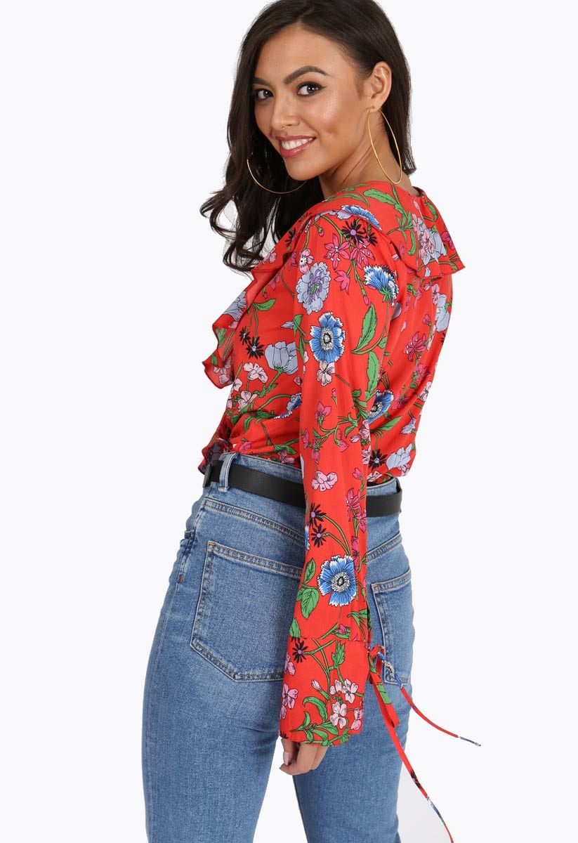 Red Floral Print Ruffle Frill Wrap Bodysuit