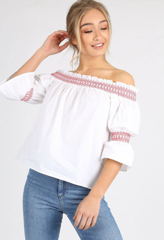 White Contrast Stitch Puff Sleeve Bardot Top