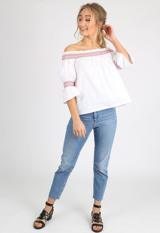 White Contrast Stitch Puff Sleeve Bardot Top