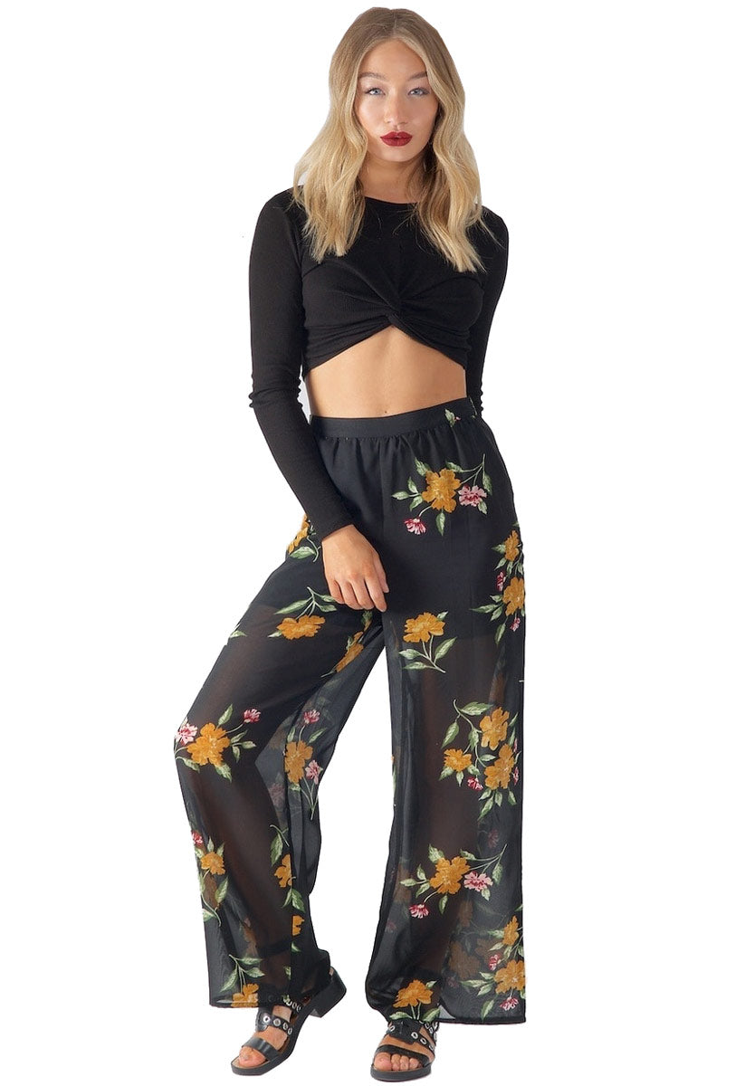 Black Floral Wide Leg Trousers