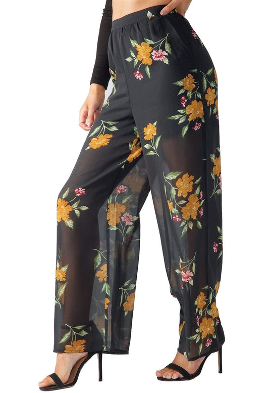 Black Floral Wide Leg Trousers