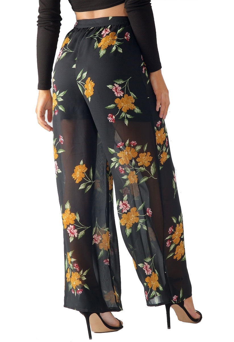 Black Floral Wide Leg Trousers