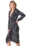 Black Star Print Wrap Front Midi Dress