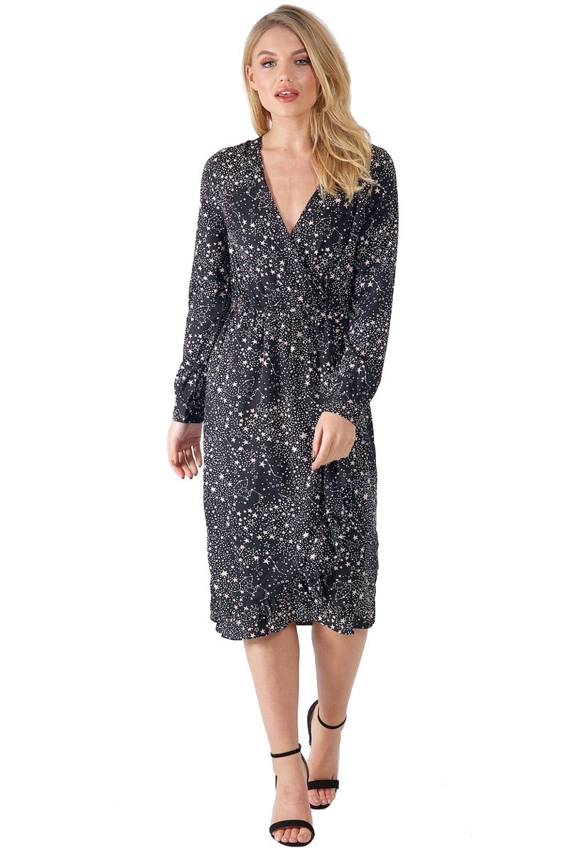 Black Star Print Wrap Front Midi Dress