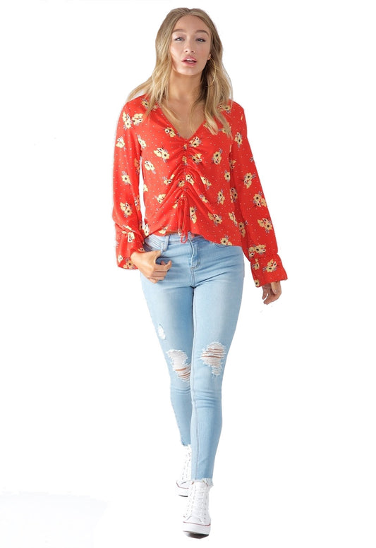 Orange Floral Top with Front Tie Detail