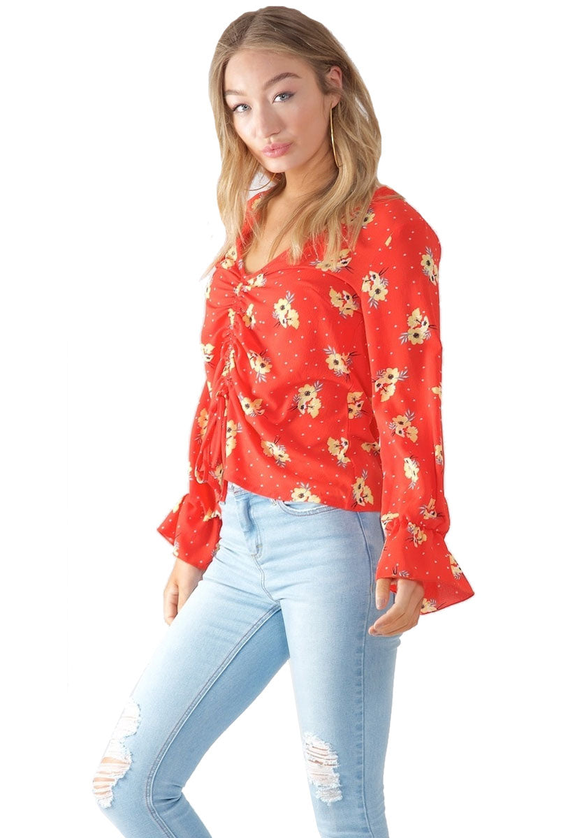 Orange Floral Top with Front Tie Detail