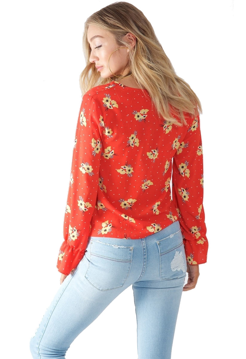 Orange Floral Top with Front Tie Detail