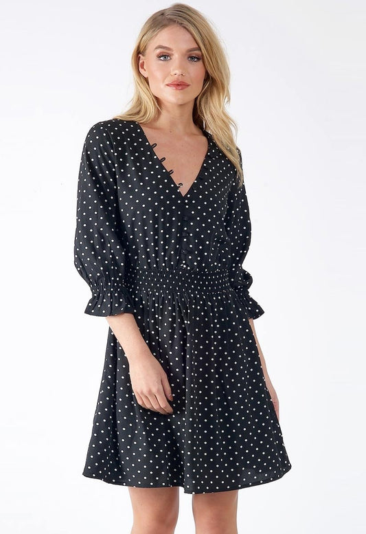 Black Polka Dot Button Detail V Neck Mini Dress