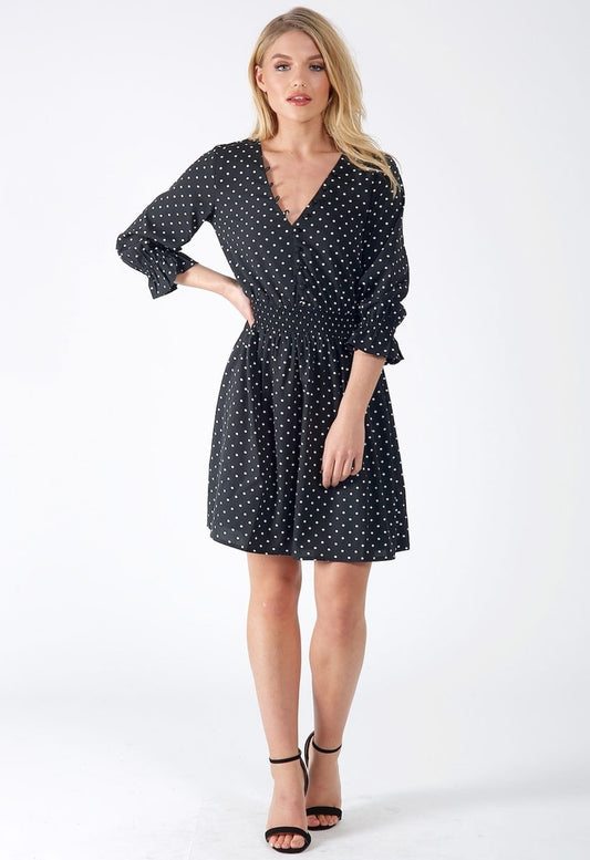 Black Polka Dot Button Detail V Neck Mini Dress