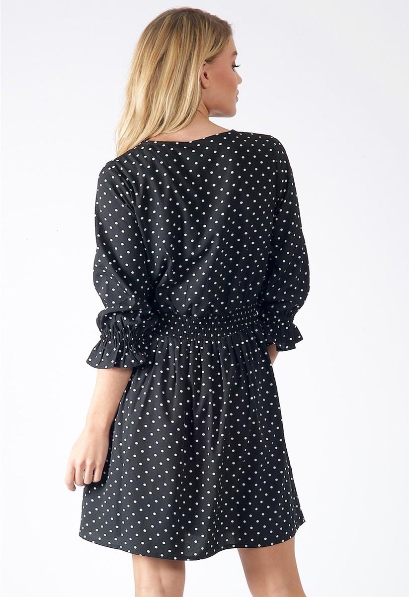 Black Polka Dot Button Detail V Neck Mini Dress