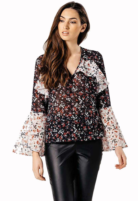 Black Floral Contrast Bell Sleeve Frilled Blouse