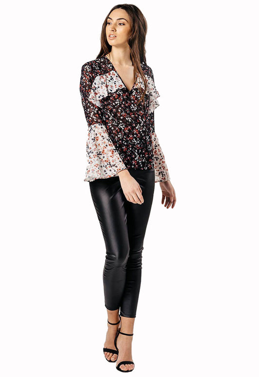 Black Floral Contrast Bell Sleeve Frilled Blouse