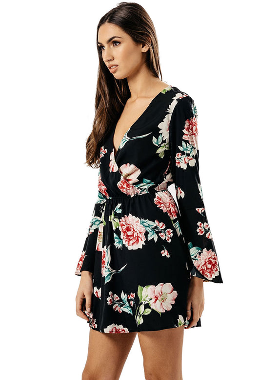 Black Floral Flute Sleeve Wrap Mini Dress