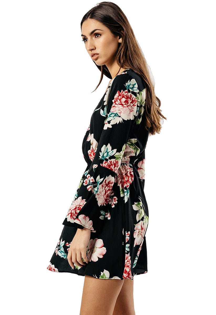 Black Floral Flute Sleeve Wrap Mini Dress