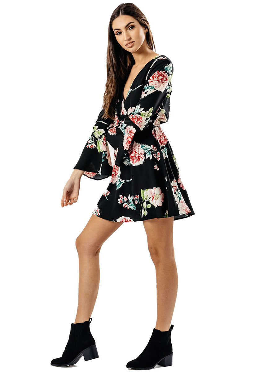 Black Floral Flute Sleeve Wrap Mini Dress