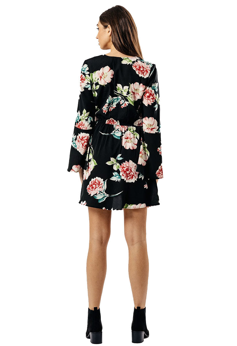 Black Floral Flute Sleeve Wrap Mini Dress