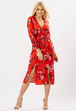 Red Floral Wrap Midi Dress