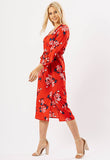 Red Floral Wrap Midi Dress