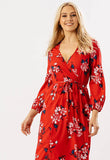 Red Floral Wrap Midi Dress