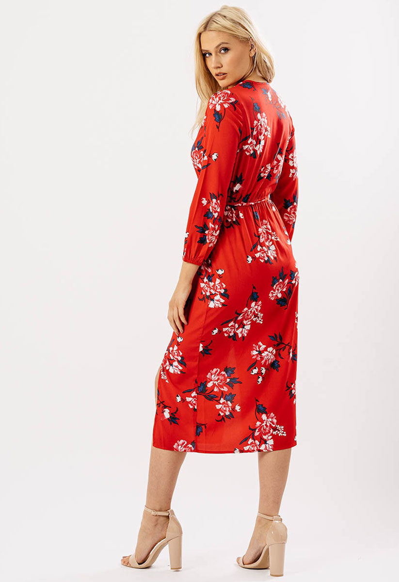 Red Floral Wrap Midi Dress