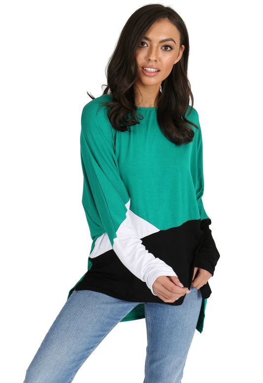 Green Geometric Colour Block Batwing Top