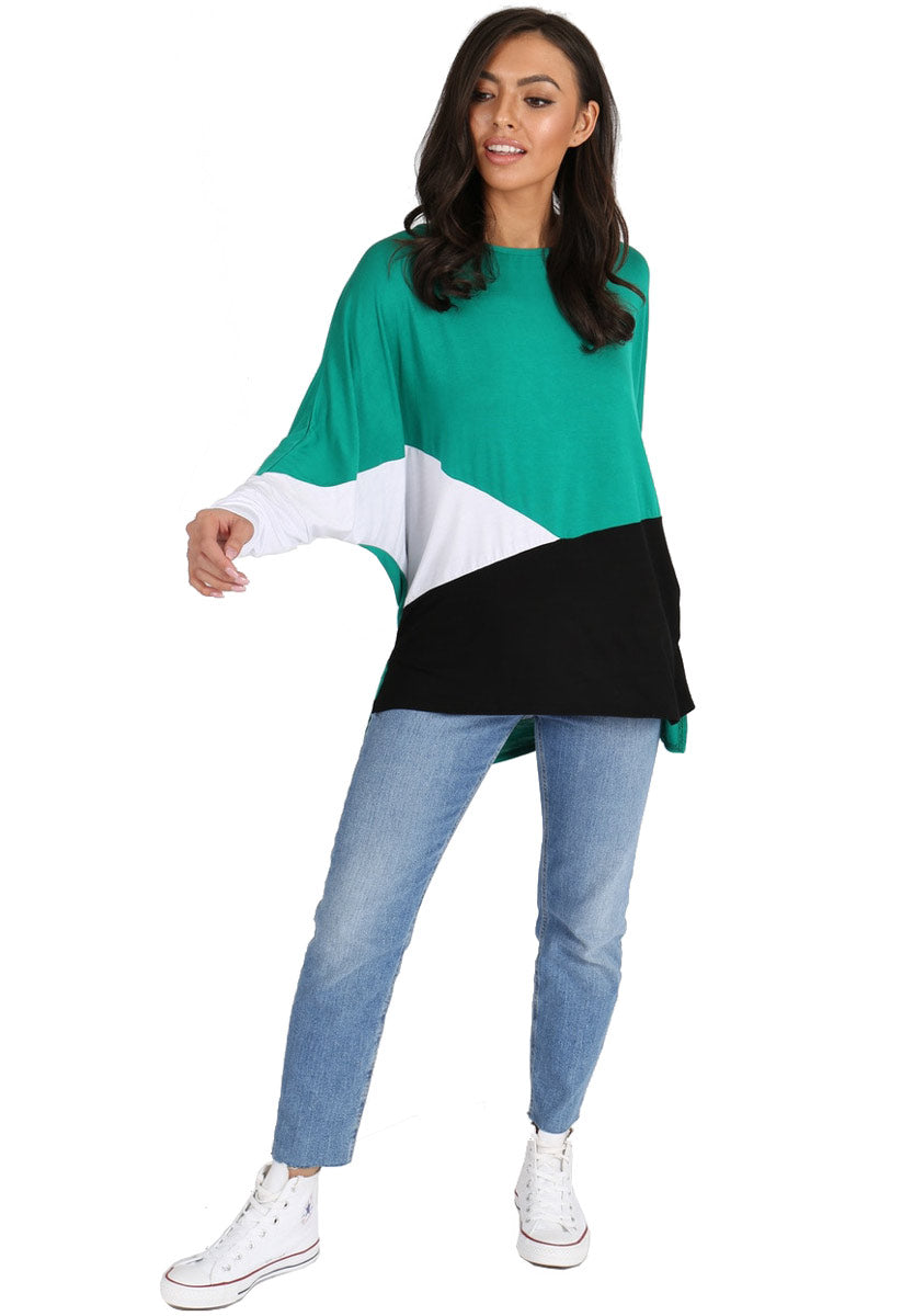 Green Geometric Colour Block Batwing Top