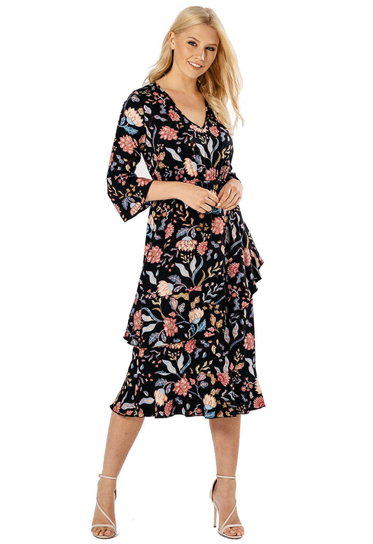 Multi Floral Asymmetric Layer Ruffle Midi Dress