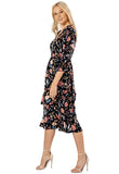 Multi Floral Asymmetric Layer Ruffle Midi Dress