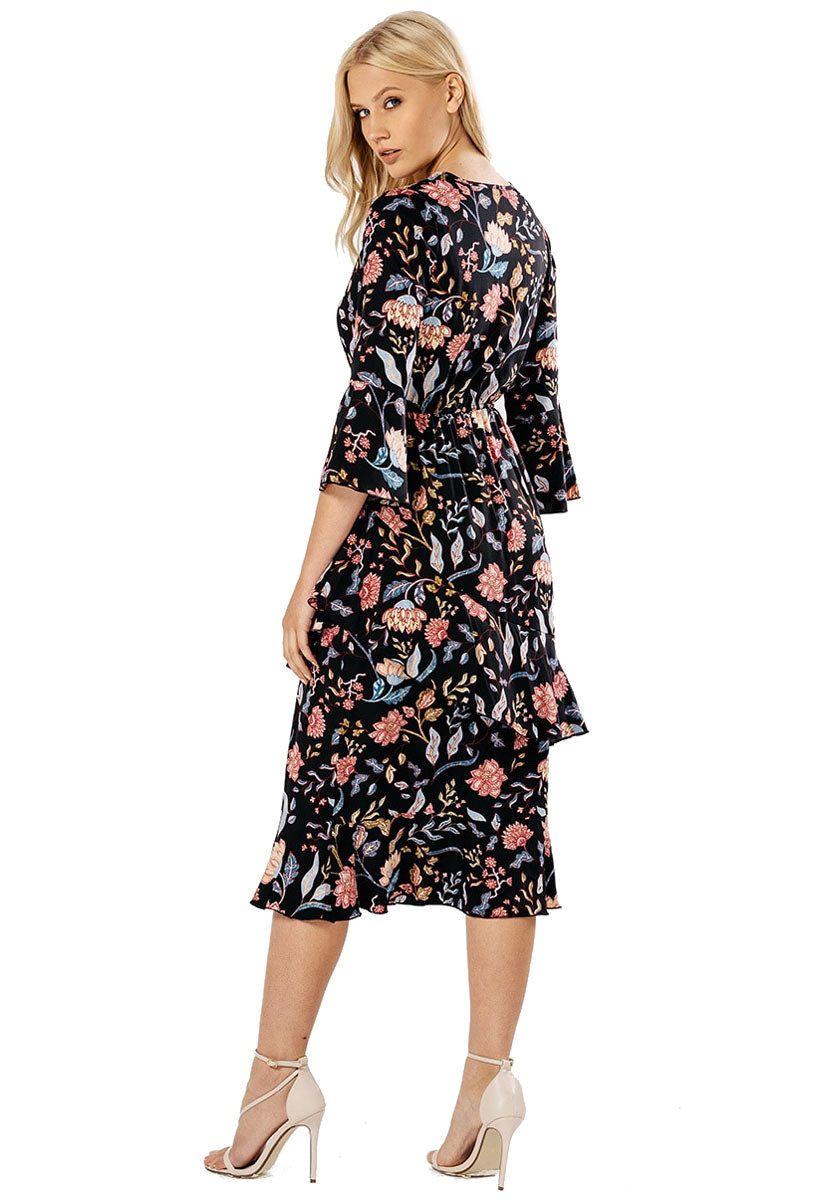 Multi Floral Asymmetric Layer Ruffle Midi Dress