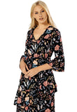 Multi Floral Asymmetric Layer Ruffle Midi Dress